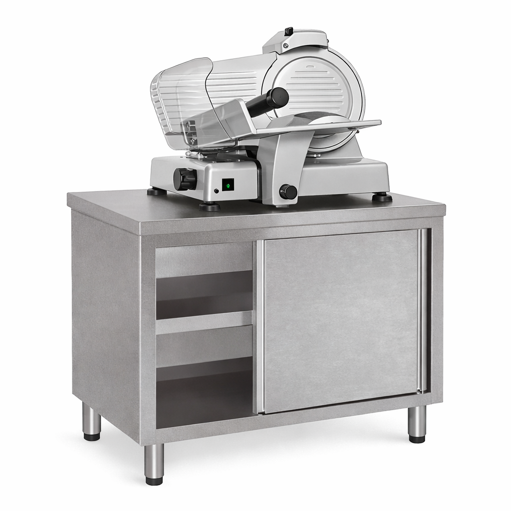Meuble inox support trancheur surbaissé avec portes coulissantes 700mm