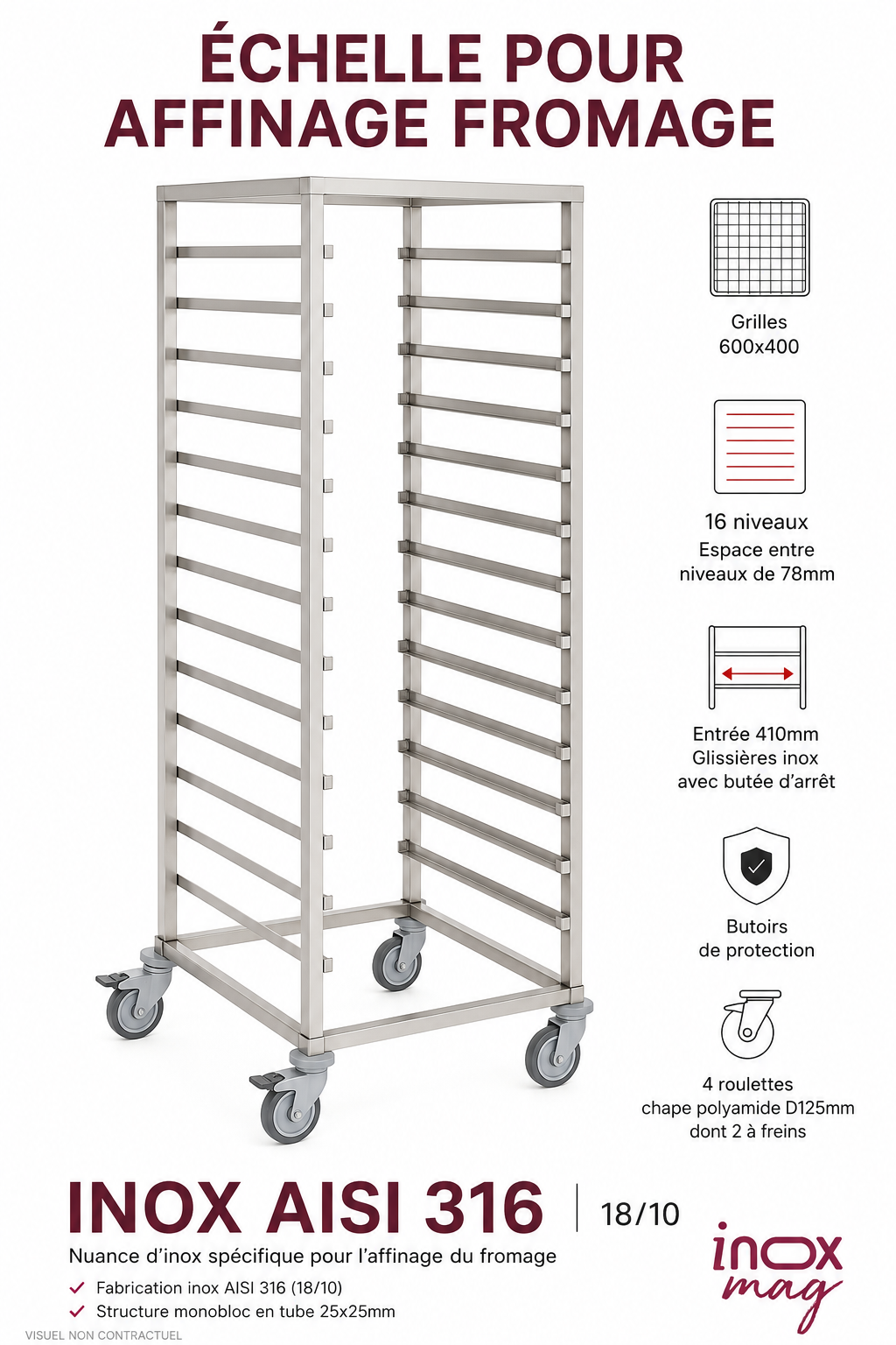 Echelle à glissières affinage fromage pour grilles 600x400 en inox AISI 316